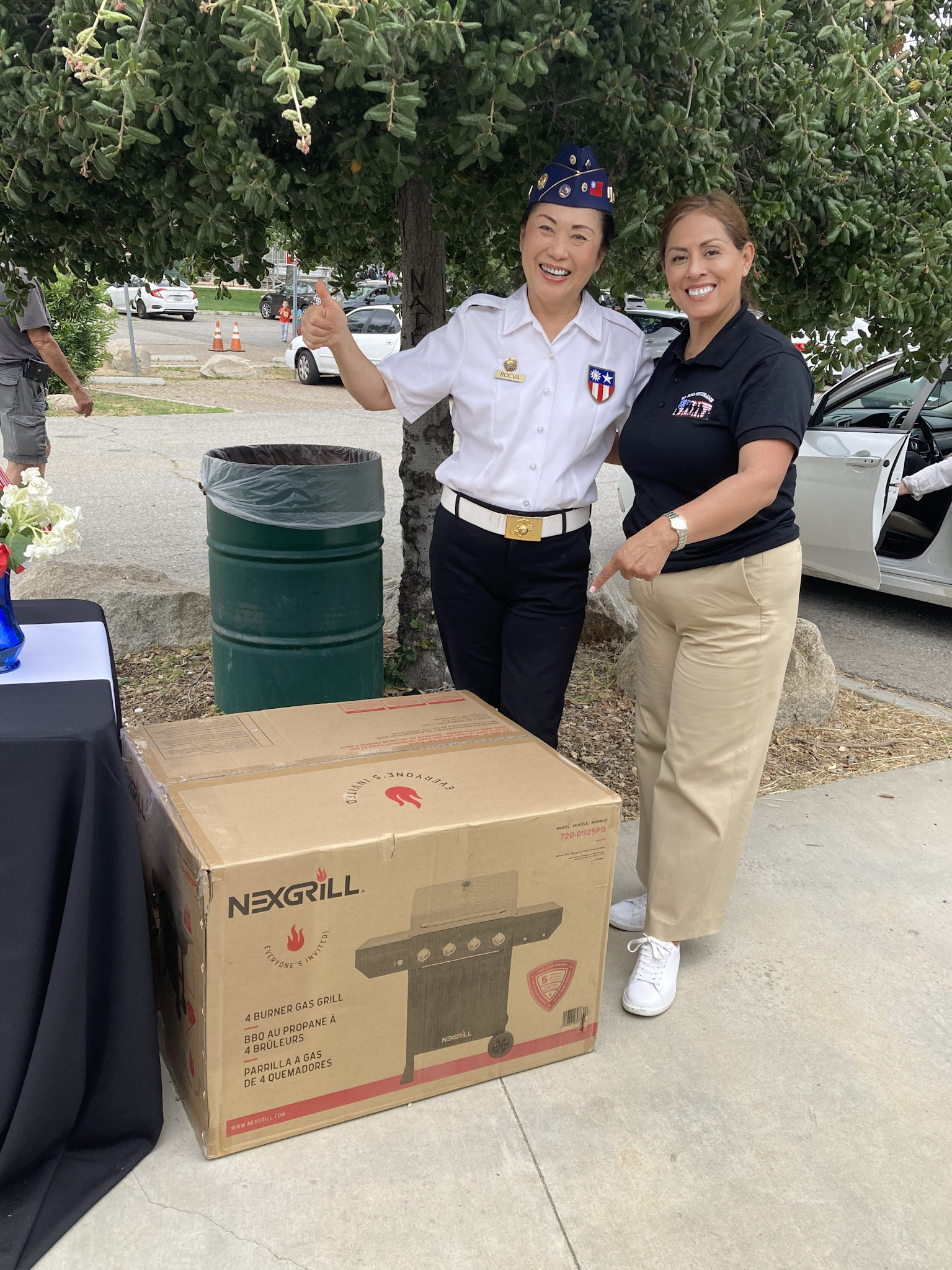 Speaker at podium beside flags
